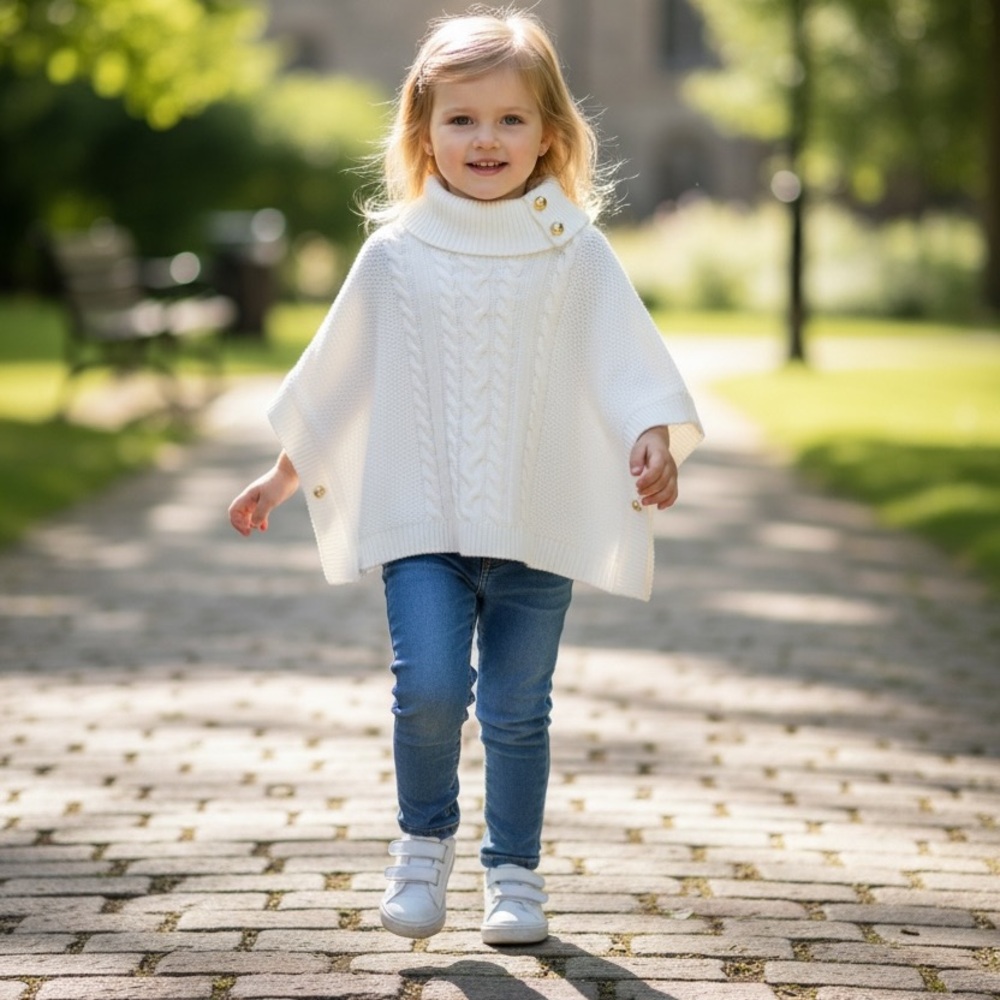 Janie and Jack Cream Cable-Knit Button Collar Poncho 3T